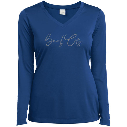 Bomb City Ladies’ Long Sleeve Performance V-Neck Tee  (Available in Multiple Colors)