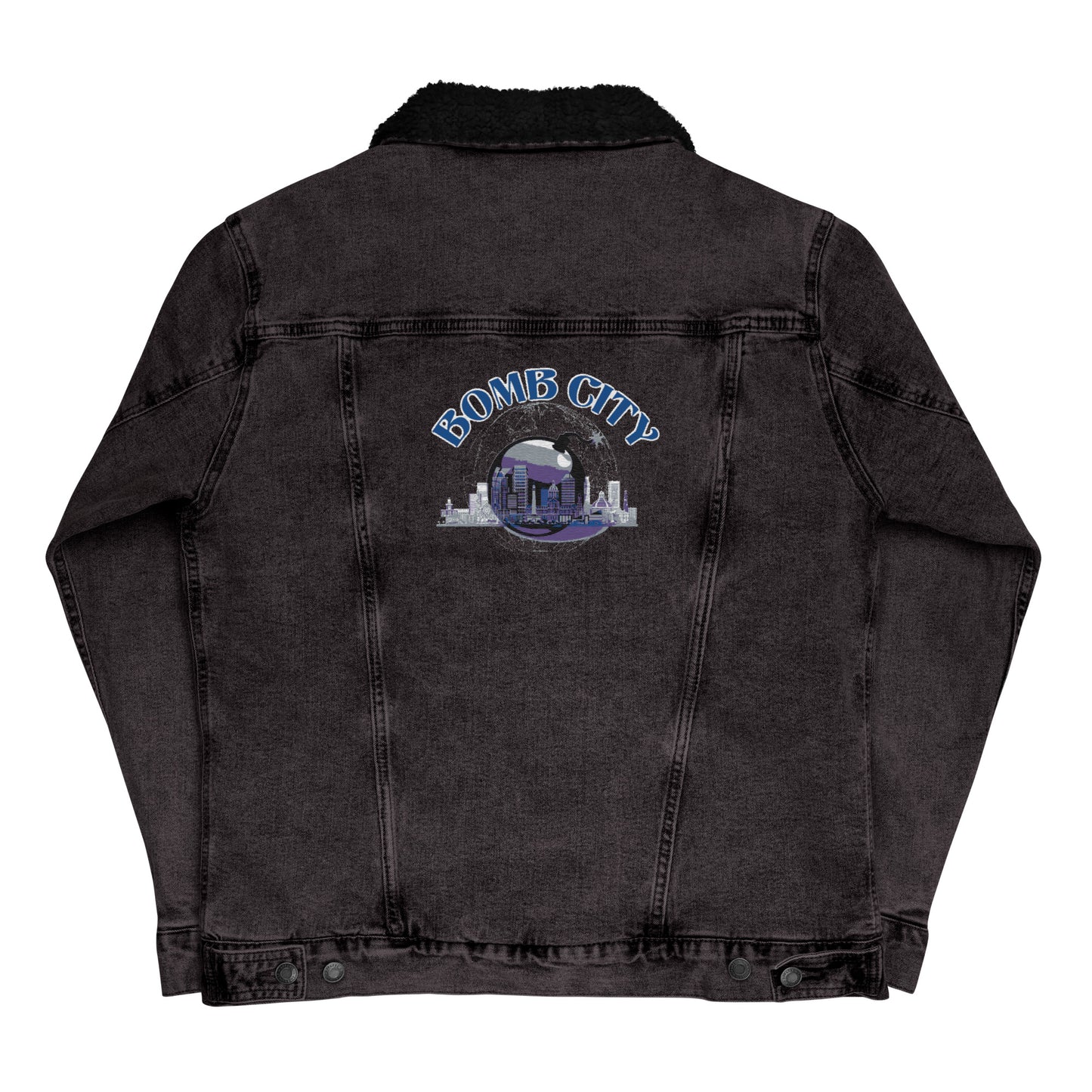 Bomb City Embroidered logo denim sherpa jacket. (Available in Blue Jean)
